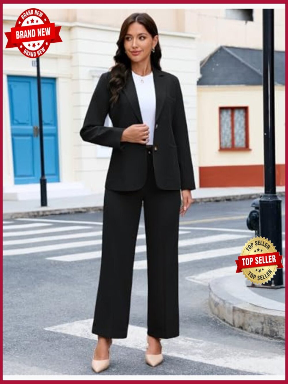 Dressy 2 Piece Suit Set Business Casual Long Sleeve Blazer Wide Leg Pants - Picture 5 of 7